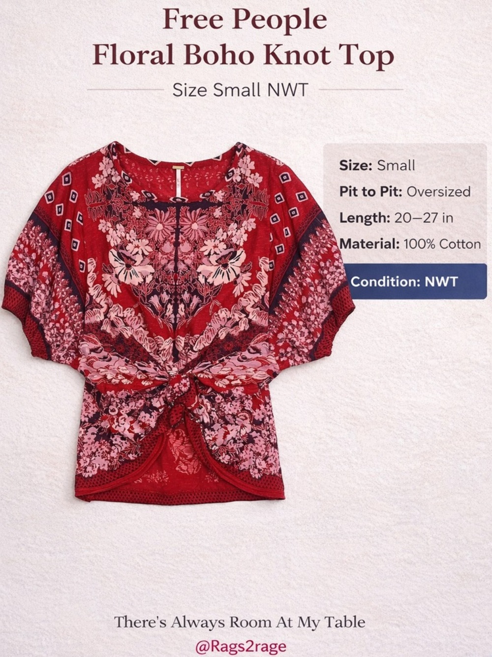 Free People Bella Rosa Floral Boho Knot Top Red Cotton Oversized Small